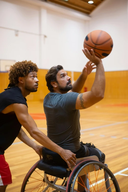 two men in wheelchairs playing a game of basketball, trending on dribble, looking serious, square, no - text no - logo, shot on sony a 7 iii