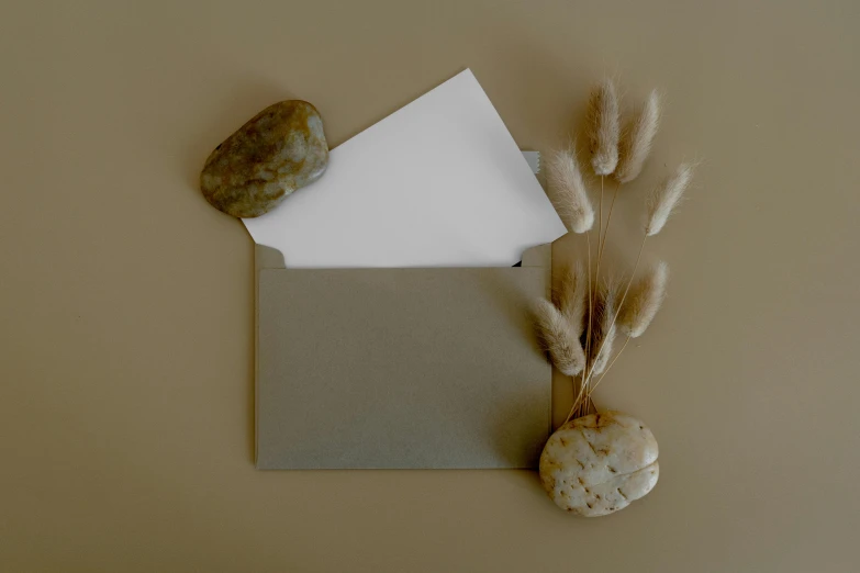 a white envelope sitting on top of a table, dust and rock theme, taupe, background image, autumnal