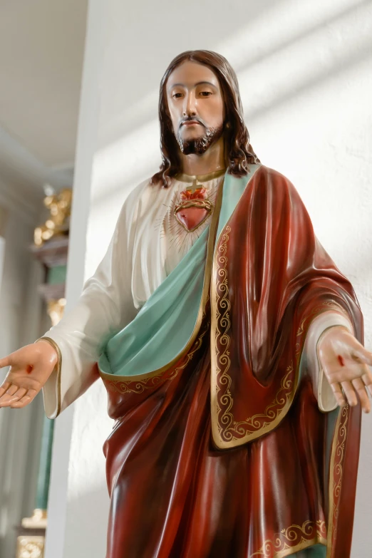 a statue of jesus holding his hands out, by Matthias Stom, pexels, 2 5 6 x 2 5 6 pixels, finely painted, holy aura, serious