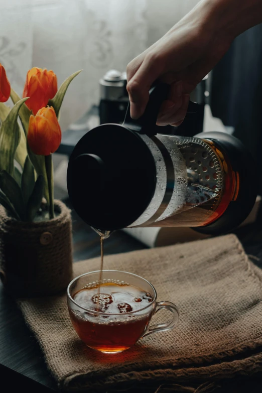 a person pouring tea into a cup on a table, amongst coffee beans and flowers, cold brew coffee ), thumbnail, 4l