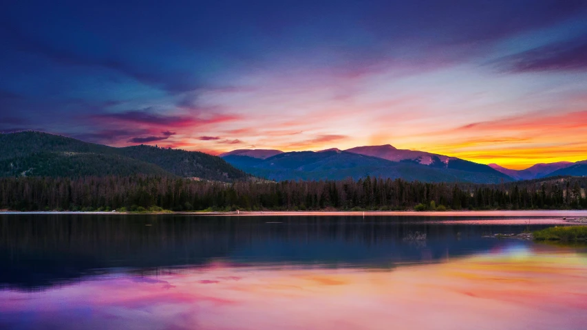 a beautiful sunset over a lake with mountains in the background, by Julia Pishtar, pexels contest winner, colorado mountains, pink and blue colors, vibrant vivid colors, instagram post