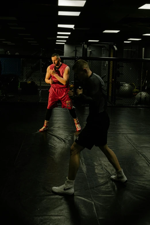 a couple of men standing next to each other in a gym, by Tom Bonson, happening, combat stance, conor walton, enhanced, lightening