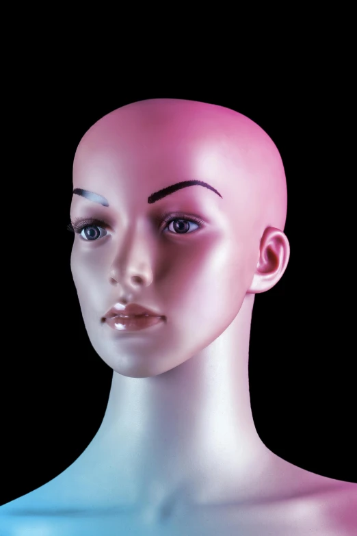 a female mannequin head against a black background, smooth pink skin, large eyebrows, female lead character, bald