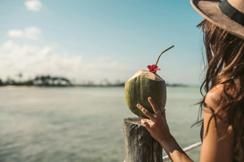 a woman standing on top of a wooden post next to a body of water, pexels contest winner, tropical fruit, holding a drink, profile image, zoomed in