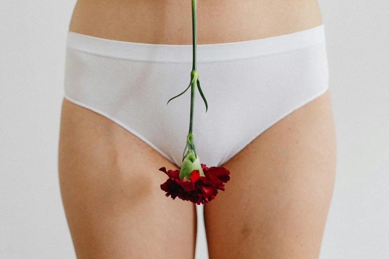 a woman in white panties holding a red flower, pexels contest winner, antipodeans, made of lab tissue, wearing pants, white limbo, cervix awakening