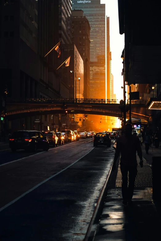 a city street filled with lots of traffic next to tall buildings, by Daniel Seghers, pexels contest winner, back lit, location [ chicago ( alley ) ], late summer evening, bladerunner street