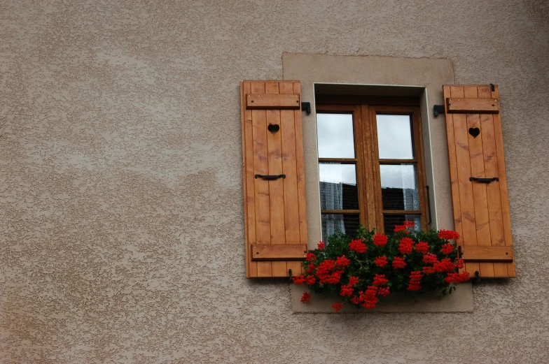 a window with wooden shutters and red flowers, pexels contest winner, renaissance, brown, french village exterior, exterior photo, cardboard