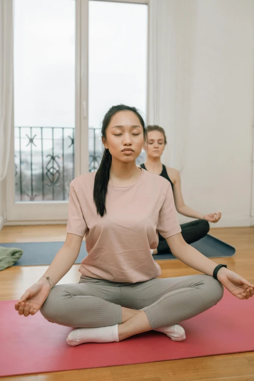 two women sitting on yoga mats in a room, by Adam Marczyński, trending on pexels, renaissance, low quality photo, a young asian woman, breathing, avatar image