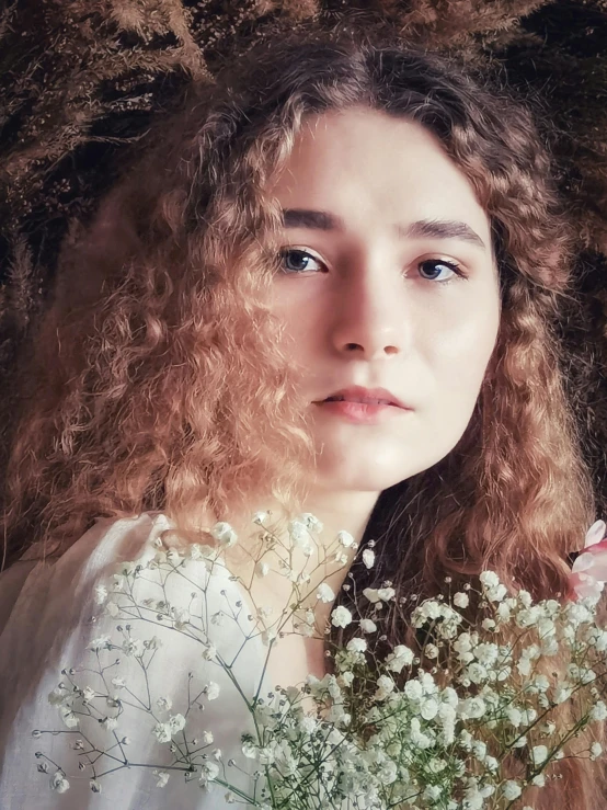a beautiful young woman holding a bunch of flowers, a picture, inspired by irakli nadar, pexels contest winner, pre-raphaelitism, 🤤 girl portrait, frizzy hair, color photograph portrait 4k, grainy
