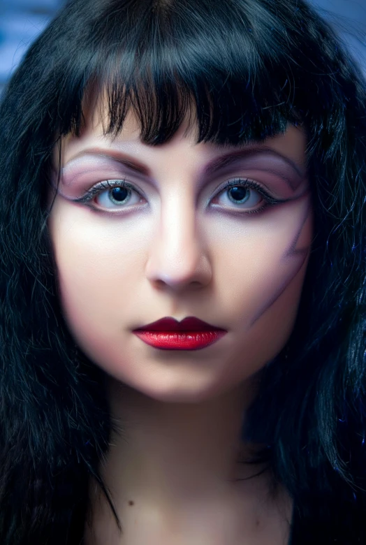 a close up of a woman with long black hair, inspired by Cindy Sherman, gothic art, with professional makeup, with haunted eyes and curly hair, dramatic soft shadow lighting, red and blue eyes