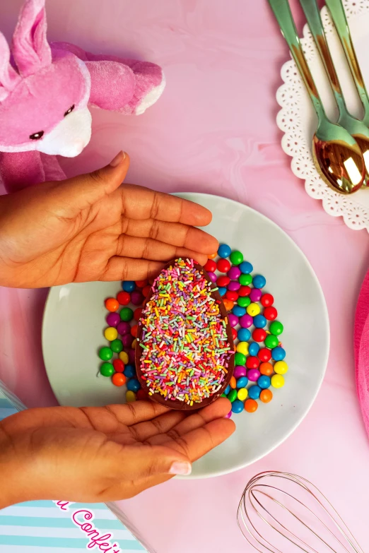 a person holding a donut covered in sprinkles, bunny, served on a plate, vibrant pink, jellybeans