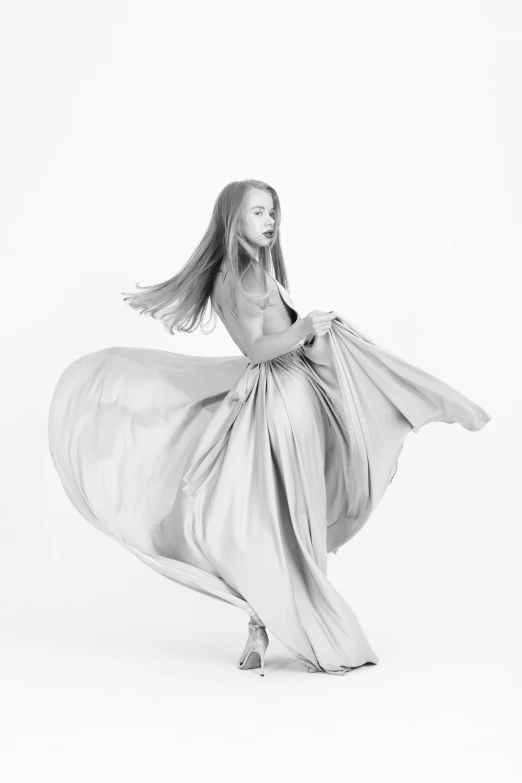 a black and white photo of a woman in a dress, a black and white photo, by Gavin Hamilton, wearing a white flowing dress, girl with super long hair, 15081959 21121991 01012000 4k, dance