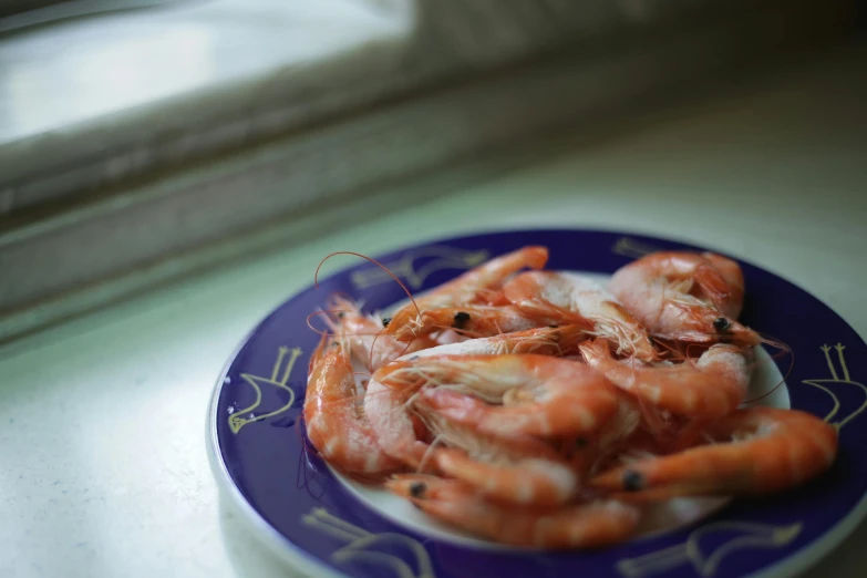 a plate that has some shrimp on it, a portrait, by Matthias Stom, unsplash, hurufiyya, medium format. soft light, scottish, pink, mediterranean