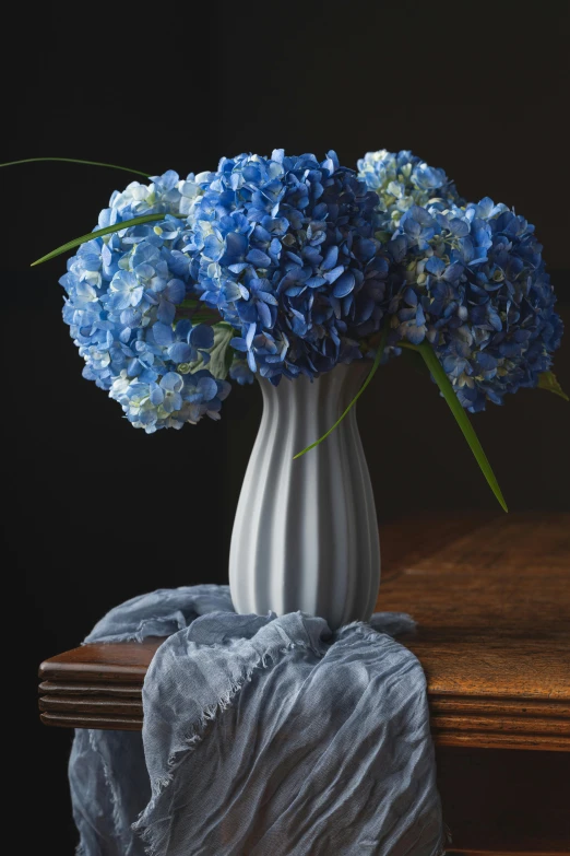 a white vase filled with blue flowers on top of a wooden table, a still life, inspired by Pierre-Joseph Redouté, shutterstock contest winner, hydrangea, on a velvet table cloth, blue gray, with a soft