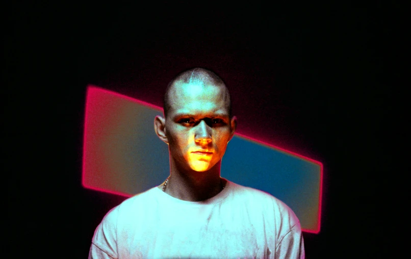 a close up of a person wearing a white shirt, an album cover, inspired by Lambert Jacobsz, unsplash, hyperrealism, ominous neon lighting, buzz cut, portrait of john cena, yung lean