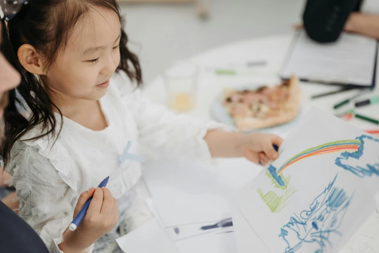 a woman and a little girl sitting at a table, a child's drawing, pexels contest winner, jazza and rossdraws, on white paper, person in foreground, white sketchbook style