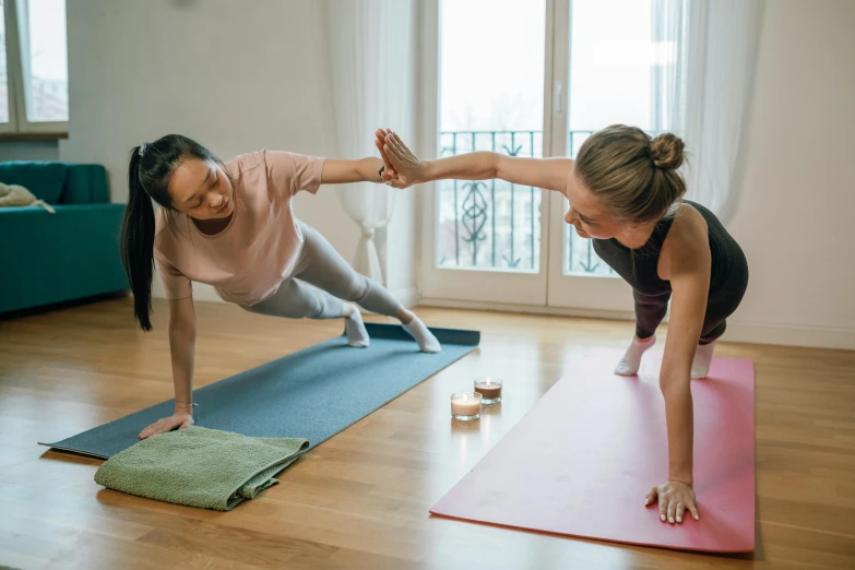 two women doing yoga in a living room, pexels contest winner, manuka, profile image, local gym, birdseye view