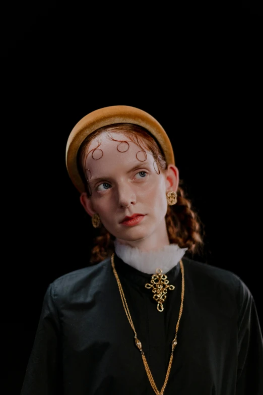 a close up of a person wearing a hat, a character portrait, inspired by Lucas Cranach the Elder, trending on pexels, wearing gold detailed choker, teenage girl, hugh kretschmer, nun outfit