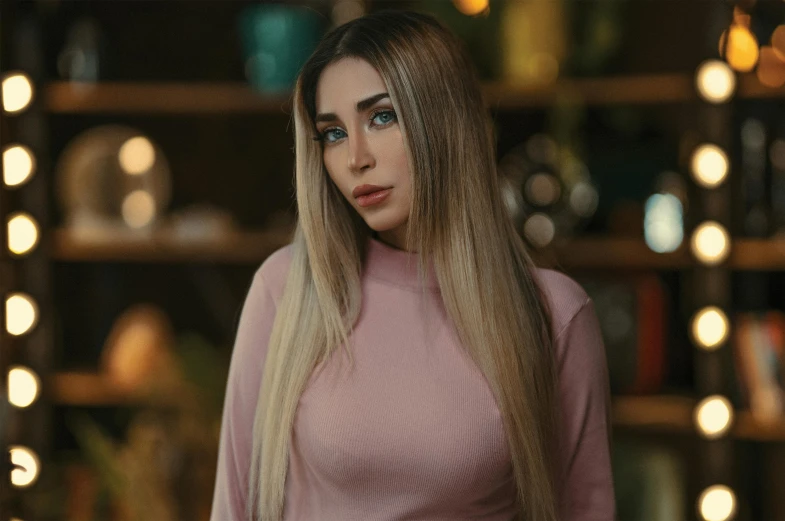 a woman with long blonde hair standing in front of a shelf, inspired by Elsa Bleda, trending on pexels, realism, beautiful arab woman, cinematic shot ar 9:16 -n 6 -g, pink straight hair, looking content