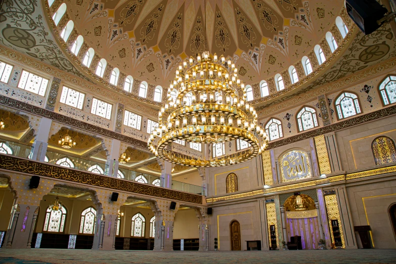 a large room with a chandelier inside of it, inspired by Osman Hamdi Bey, pexels, hurufiyya, with beautiful mosques, thumbnail, 2000s photo, fan favorite