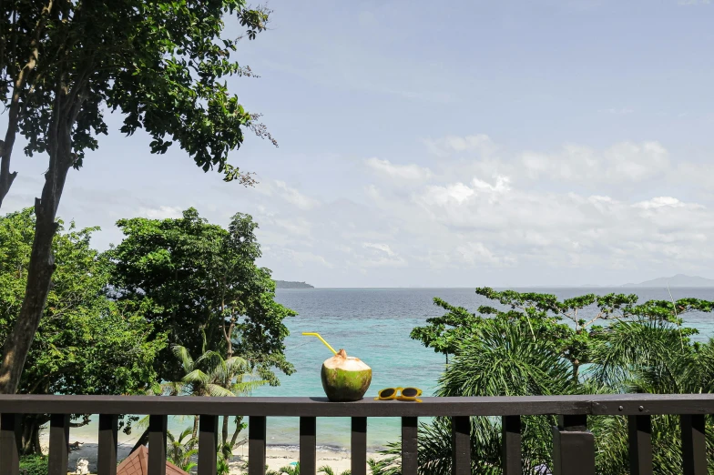 a table and chairs on a deck with a view of the ocean, a portrait, unsplash, sumatraism, coconuts, portrait image