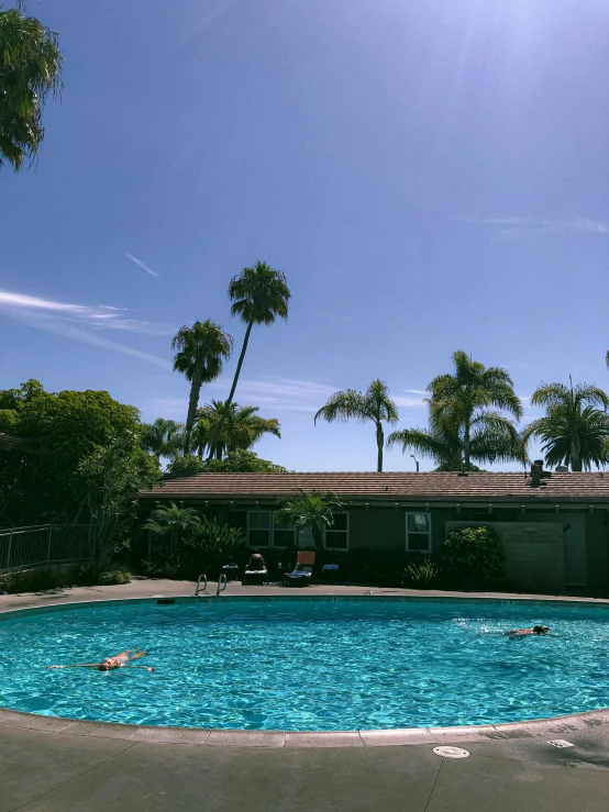 a large swimming pool surrounded by palm trees, an album cover, unsplash, photorealism, 😭 🤮 💕 🎀, perfect crisp sunlight, oceanside, # nofilter