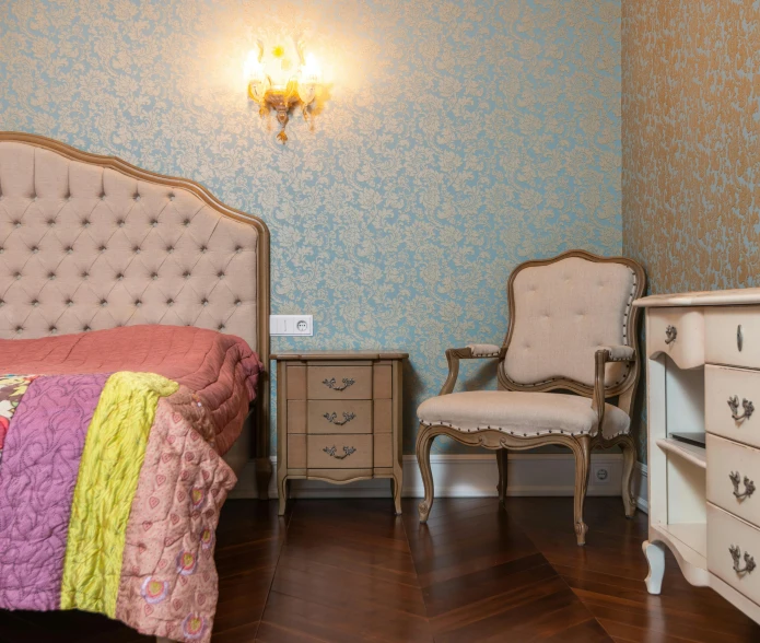 a bed room with a neatly made bed and a chair, inspired by Antonio Galli Bibiena, rococo, small and cosy student bedroom, pastelle, deluxe, high quality photo