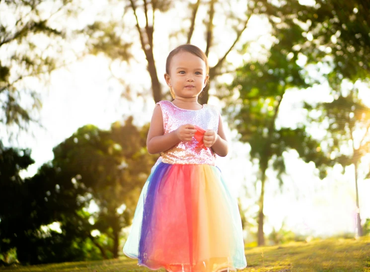 a little girl standing on top of a lush green field, a portrait, pexels, shiny colorful, rainbow clothes, wearing a sparkling dress, at the park