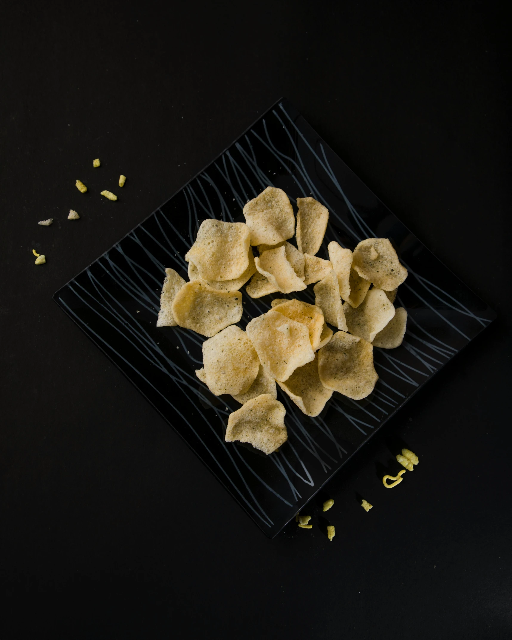 tortilla chips on a black plate, an album cover, inspired by Carpoforo Tencalla, unsplash, renaissance, with lemon skin texture, lotus petals, noodles, square