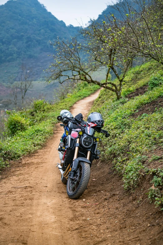 a motorcycle parked on the side of a dirt road, pexels contest winner, guangjian, winding around trees, slide show, avatar image