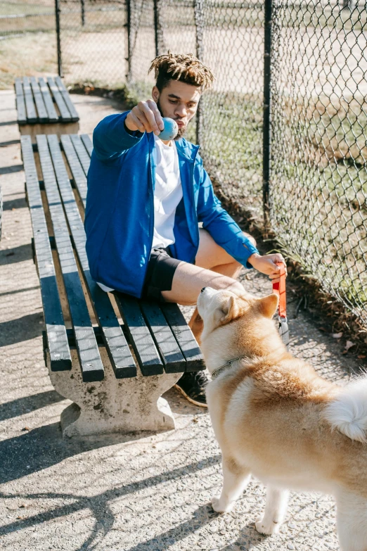 a man sitting on a bench petting a dog, trending on unsplash, shiba inu holding a baseball bat, hydration, wearing a neon blue hoodie, sydney park