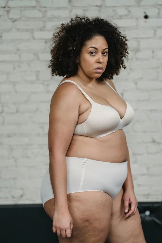 a woman in white underwear standing in front of a brick wall, morbidly obese, ad image, wearing bra, medium skin tone