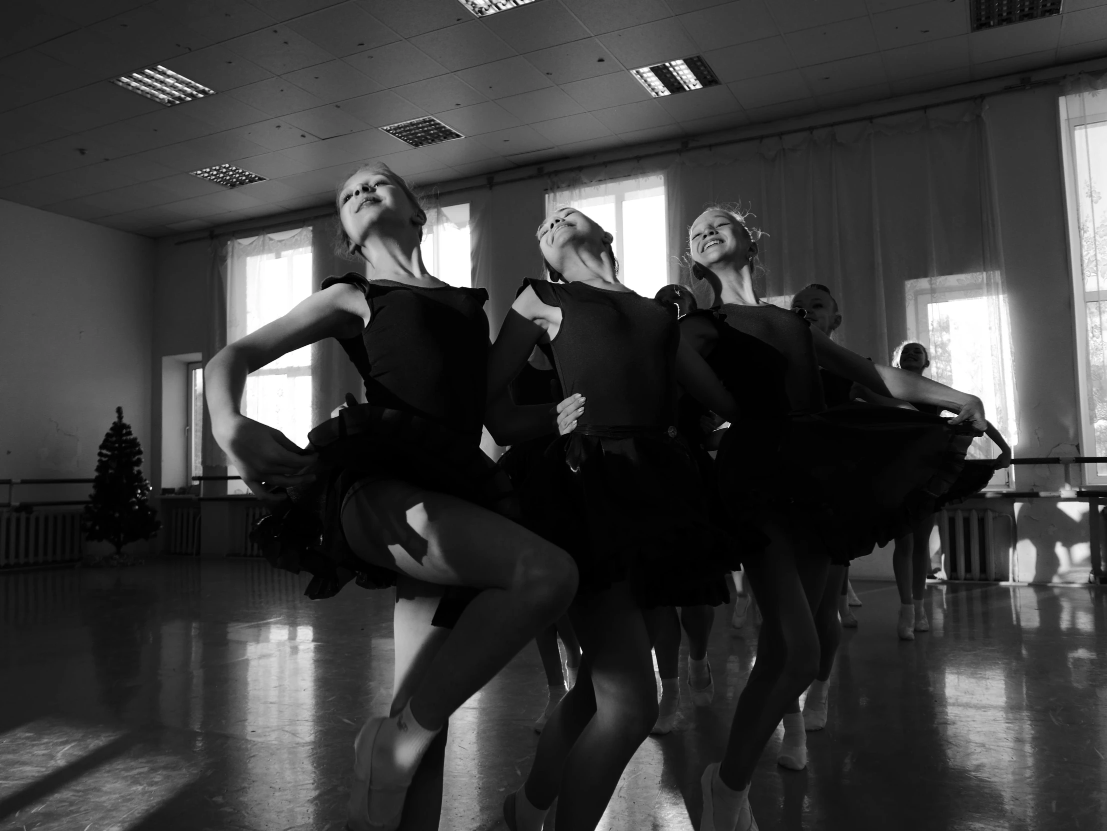 a black and white photo of a group of dancers, a picture, by Marie Bashkirtseff, pixabay, black swan, school class, beautiful girls, wearing in black clothes