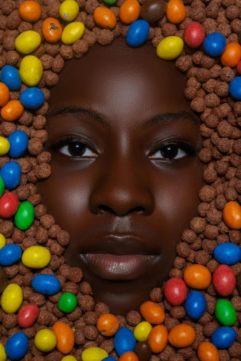 a close up of a person with a chocolate donut on their head, an album cover, inspired by Kadir Nelson, pexels contest winner, jellybeans, multicolored faces, made of food, maria borges
