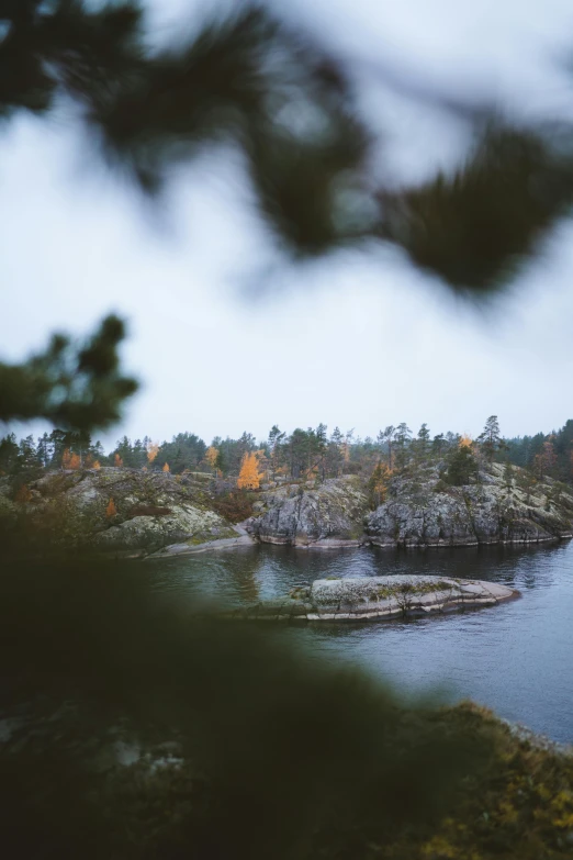 a large body of water surrounded by trees, a picture, inspired by Eero Järnefelt, unsplash contest winner, scattered islands, muted colours 8 k, shot with hasselblad, rock quarry location