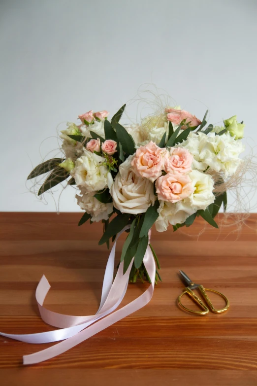 a bouquet of flowers and a pair of scissors on a table, award - winning crisp details ”, soft blush, trimmed with a white stripe, heavily stylized