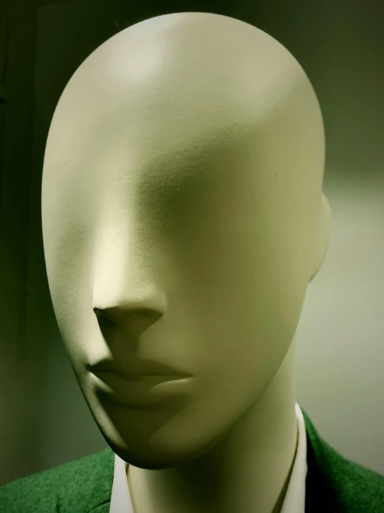 a mannequin wearing a green suit and tie, unsplash, neo-figurative, her face is coated in a white, pareidolia, he has an elongated head shape, face covers half of the frame