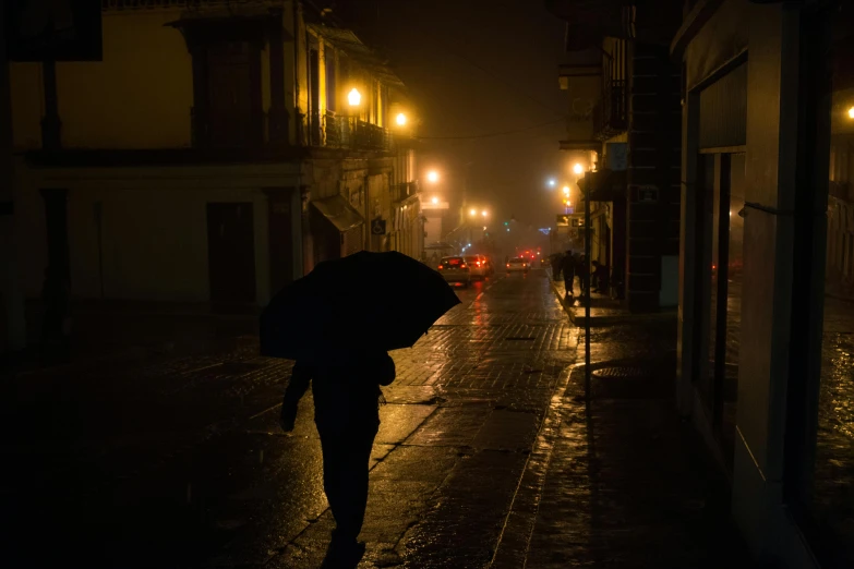 a person walking down a street at night with an umbrella, by Alejandro Obregón, pexels contest winner, late morning, in town, profile image, night time footage