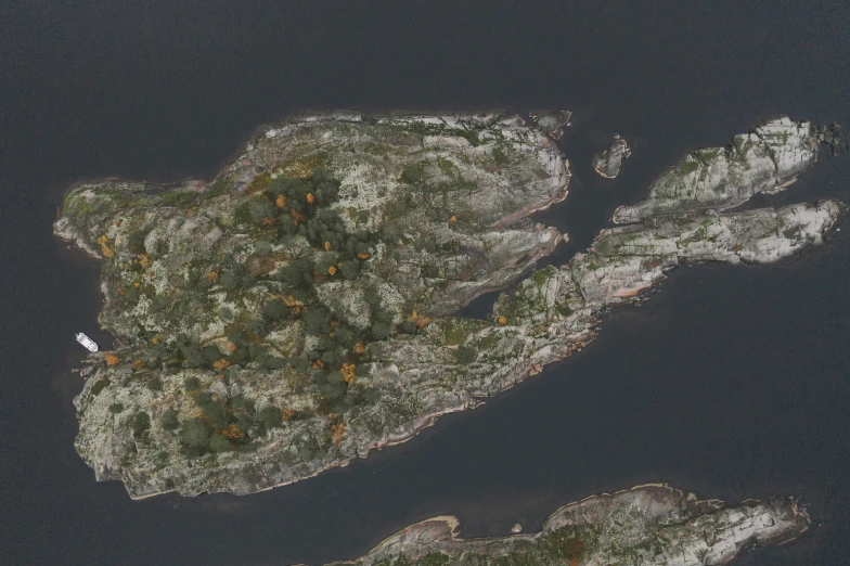 an island in the middle of a body of water, inspired by Oluf Høst, trending on polycount, hurufiyya, aerial photograph, swedish forest, extremely detailed rocky crag, high quality photorealism