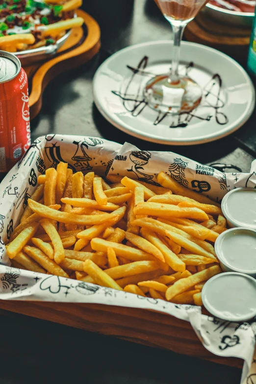 a tray of french fries sitting on top of a table, coke and chips on table, award - winning crisp details, classic vibes, belgium