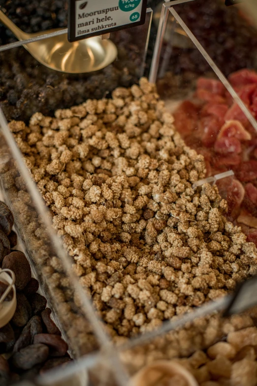 a display case filled with lots of different types of nuts, unrefined sparkling gold nugget, squashed berries, thumbnail, detail shot