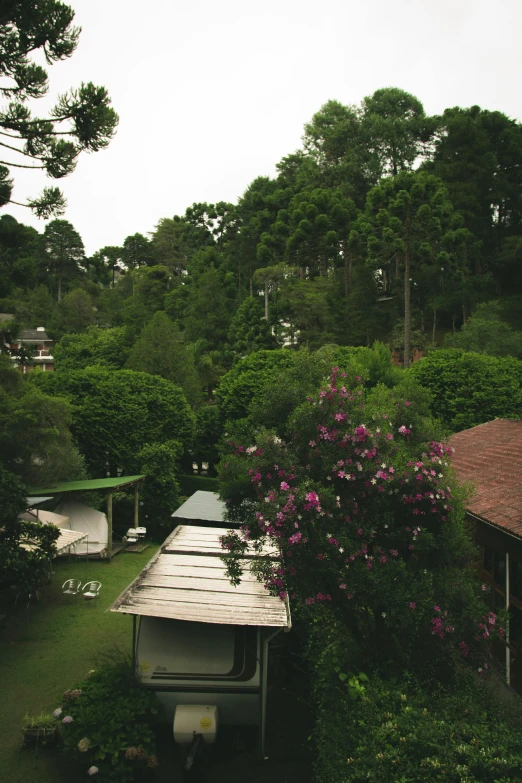 a view of a house from a bird's eye view, flickr, lush trees and flowers, andes mountain forest, bleak, room shot