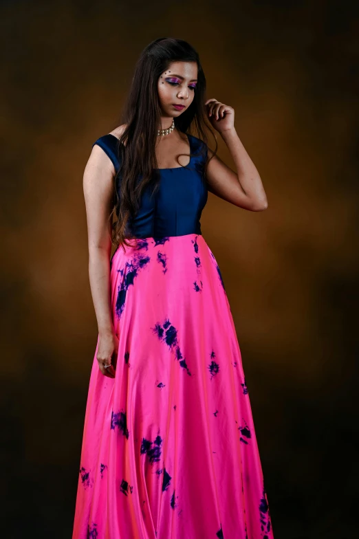 a woman in a pink and blue dress, 15081959 21121991 01012000 4k, ecommerce photograph, long skirt, dual tone