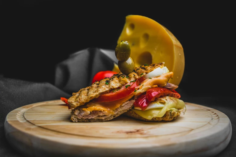 a sandwich sitting on top of a wooden cutting board, by Andries Stock, pexels contest winner, melted cheddar, 🦩🪐🐞👩🏻🦳, black and yellow and red scheme, french noveau