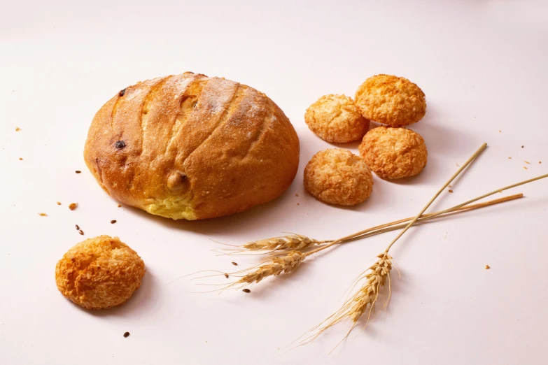 a loaf of bread sitting on top of a white table, a still life, by Tsuruko Yamazaki, unsplash, baroque, crispy buns, miniature product photo, background image, various posed