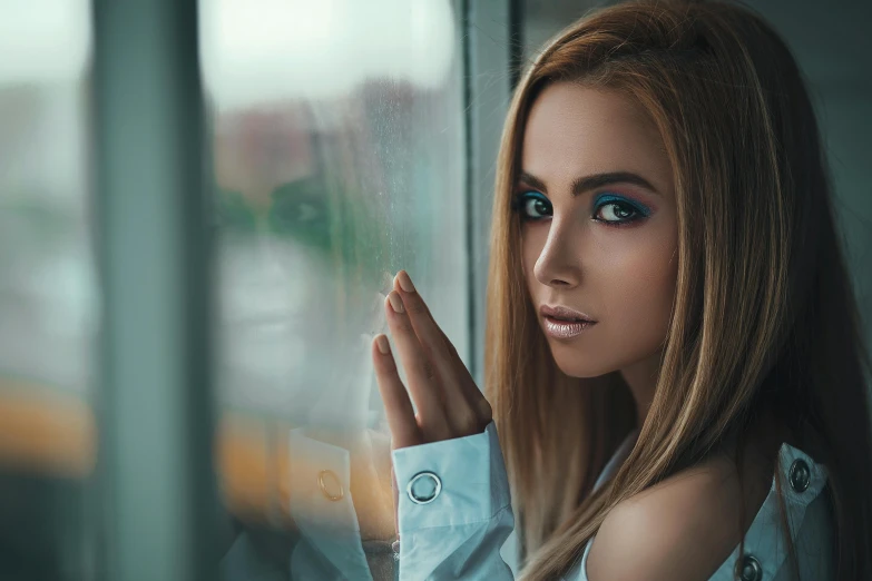 a beautiful young woman looking out a window, inspired by Elsa Bleda, trending on pexels, hyperrealism, sexy face with full makeup, cute girls, looking at you