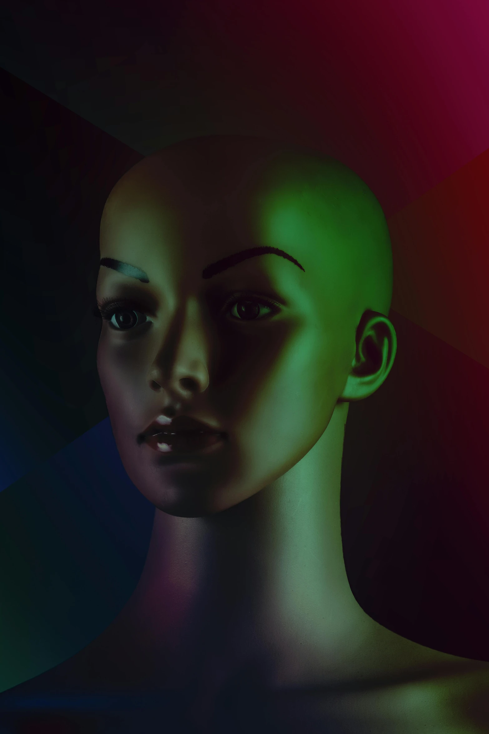 an image of a woman with green hair, digital art, cross section of mannequin head, bisexual lighting, multicoloured, album cover