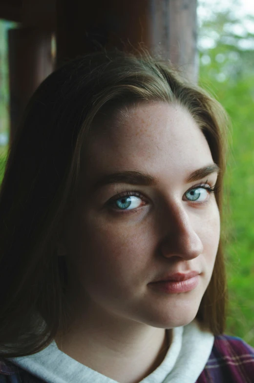 a close up of a person looking out a window, light brown hair blue eyes, young southern woman, sansa, lush surroundings