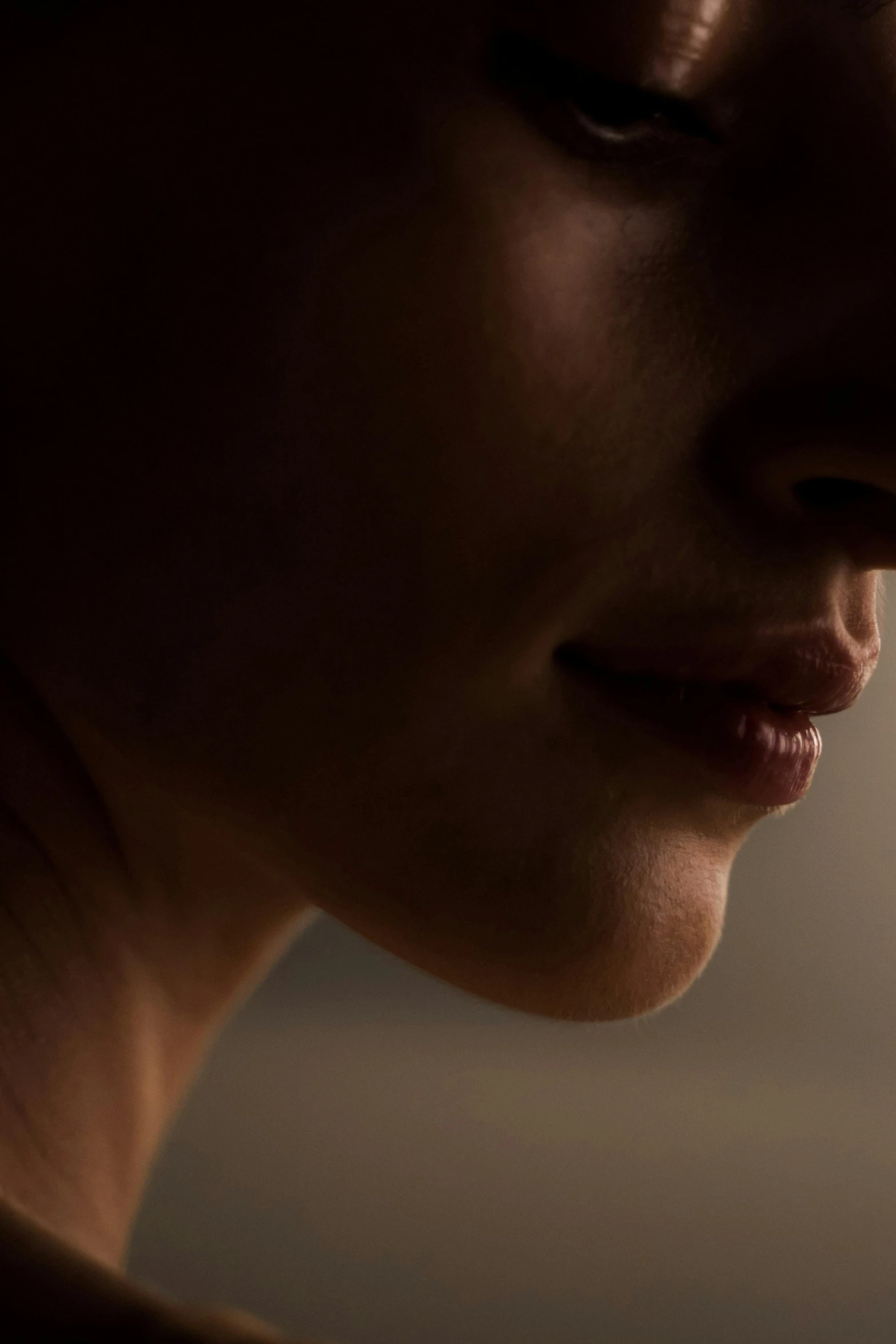 a close up of a woman with her eyes closed, trending on pexels, hyperrealism, soft lighting 8 k resolution, detailed mouth, woman silhouette, paul barson