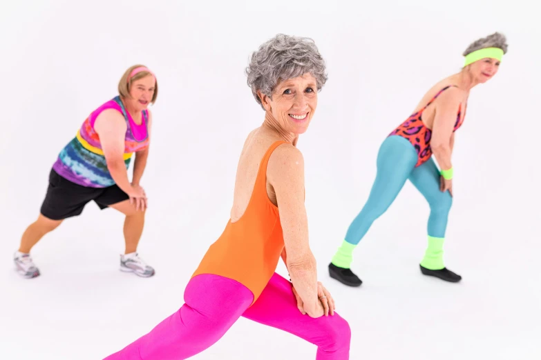 a group of older women doing zumba zumba zumba zumba zumba zumba zumba zumba zumba zumba zumba, by Pamela Drew, kitsch movement, skintight rainbow body suit, white background, glow up, bum